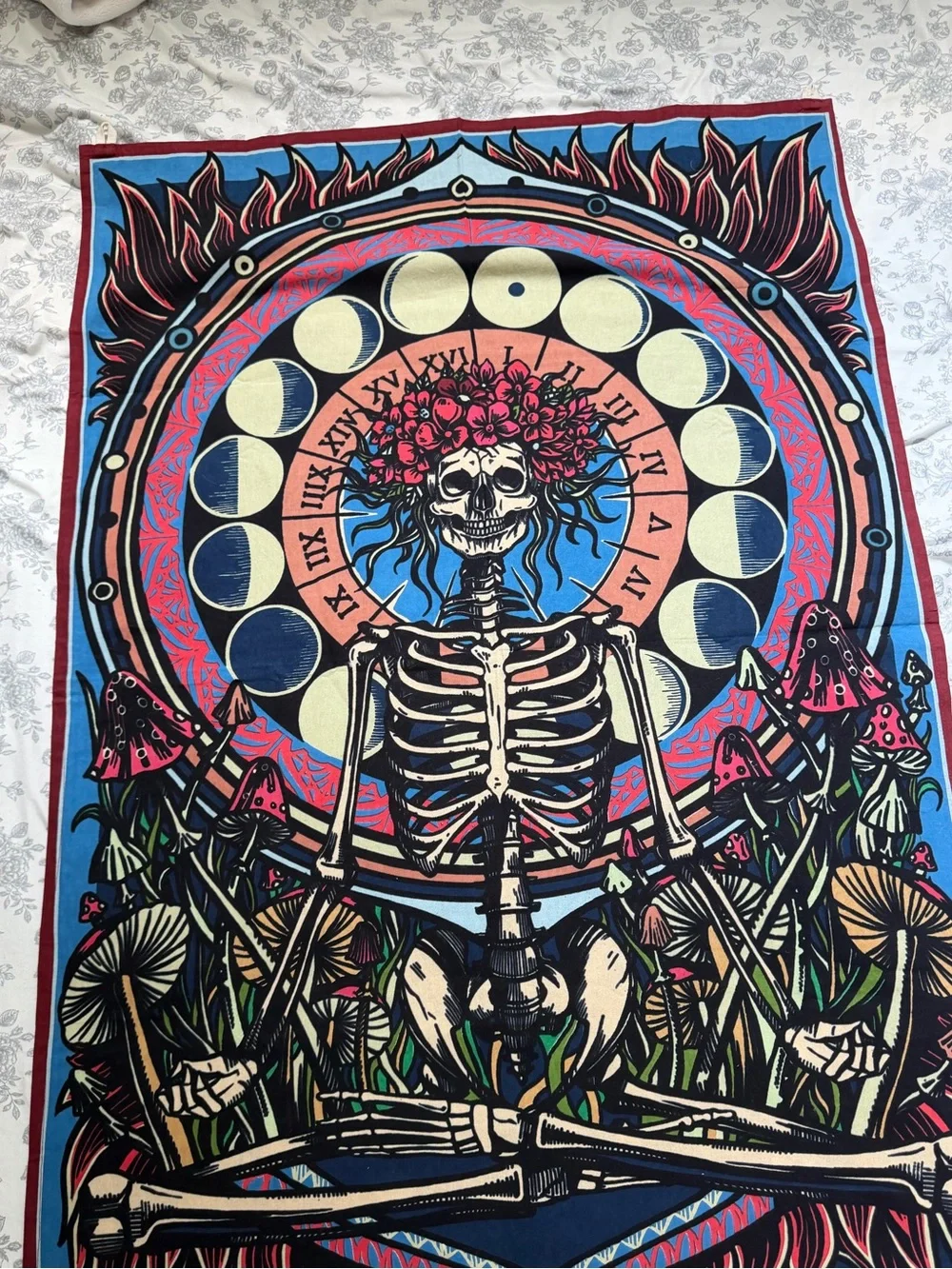 Psychedelic Skeleton & Mushroom Tapestry - Blue and Pink 0162